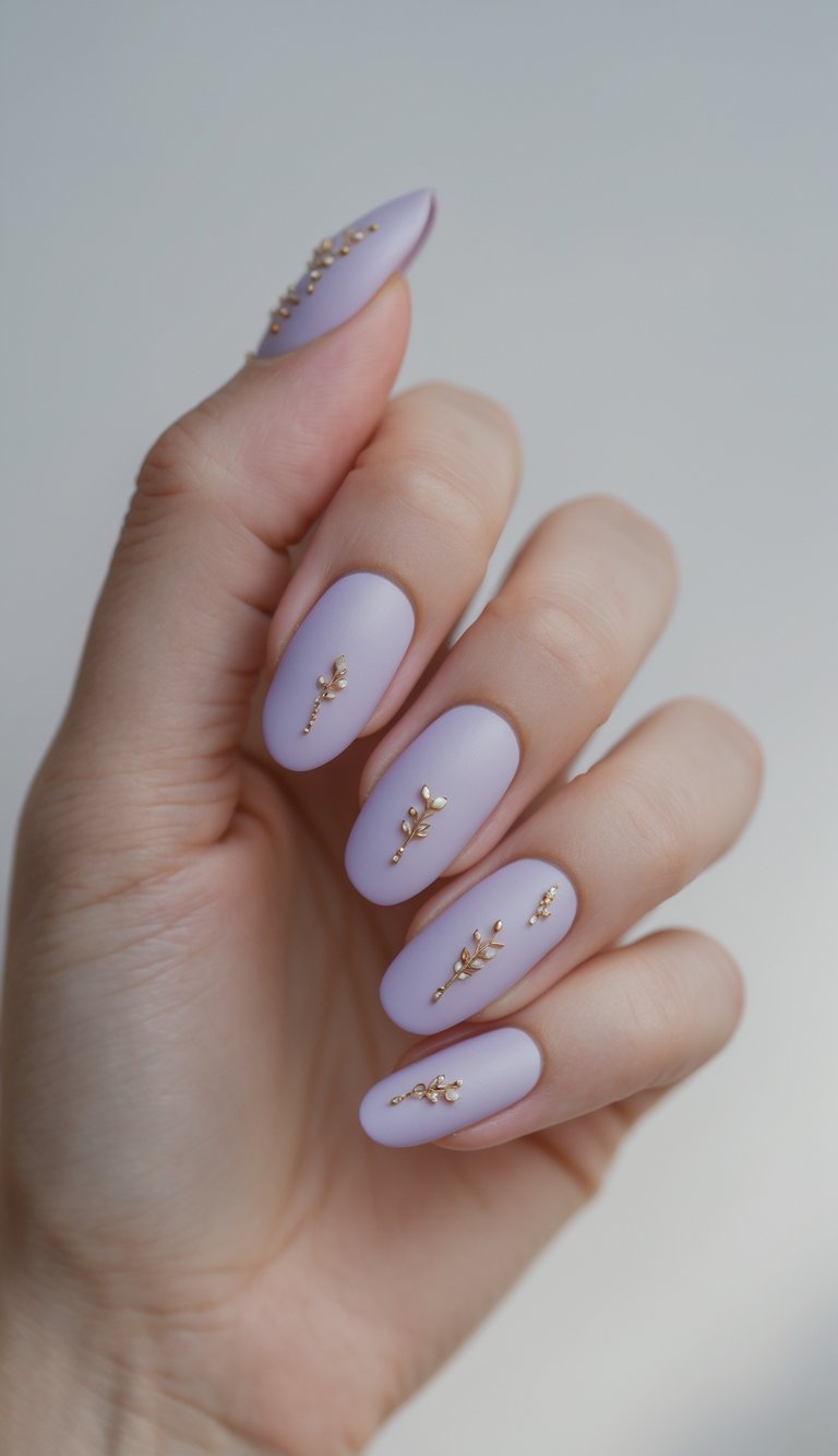 Polished fingers featuring matte lavender nails and precise gold botanical decals—a delicate nail art idea that feels straight off a fashion editorial spread.