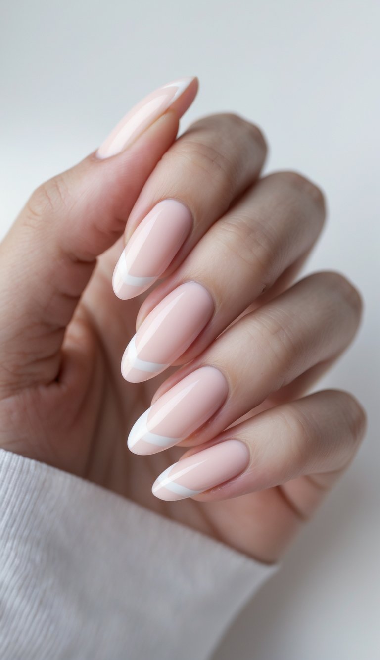 Close-up of one hand with soft baby pink French tip nails against a white background.