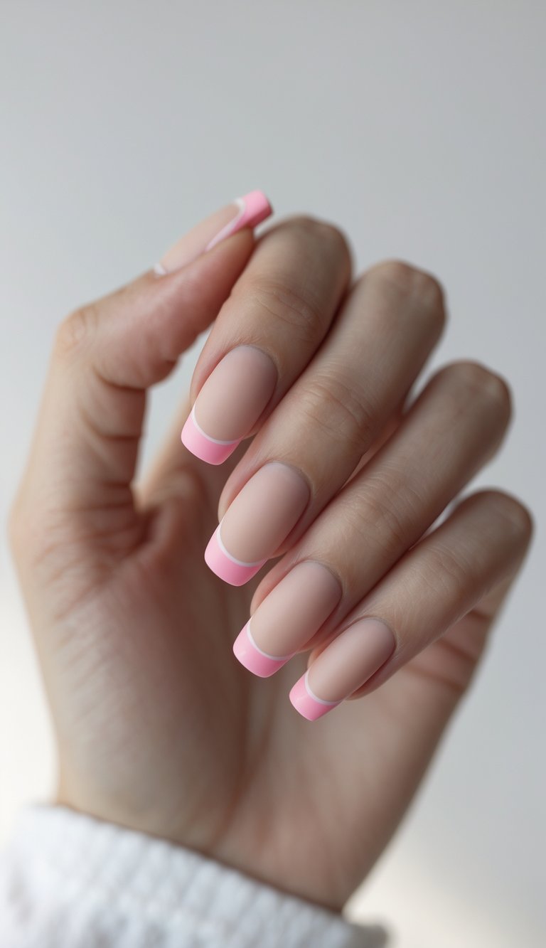Close-up of one hand with short nails featuring pink French tips and a matte finish against a white background.