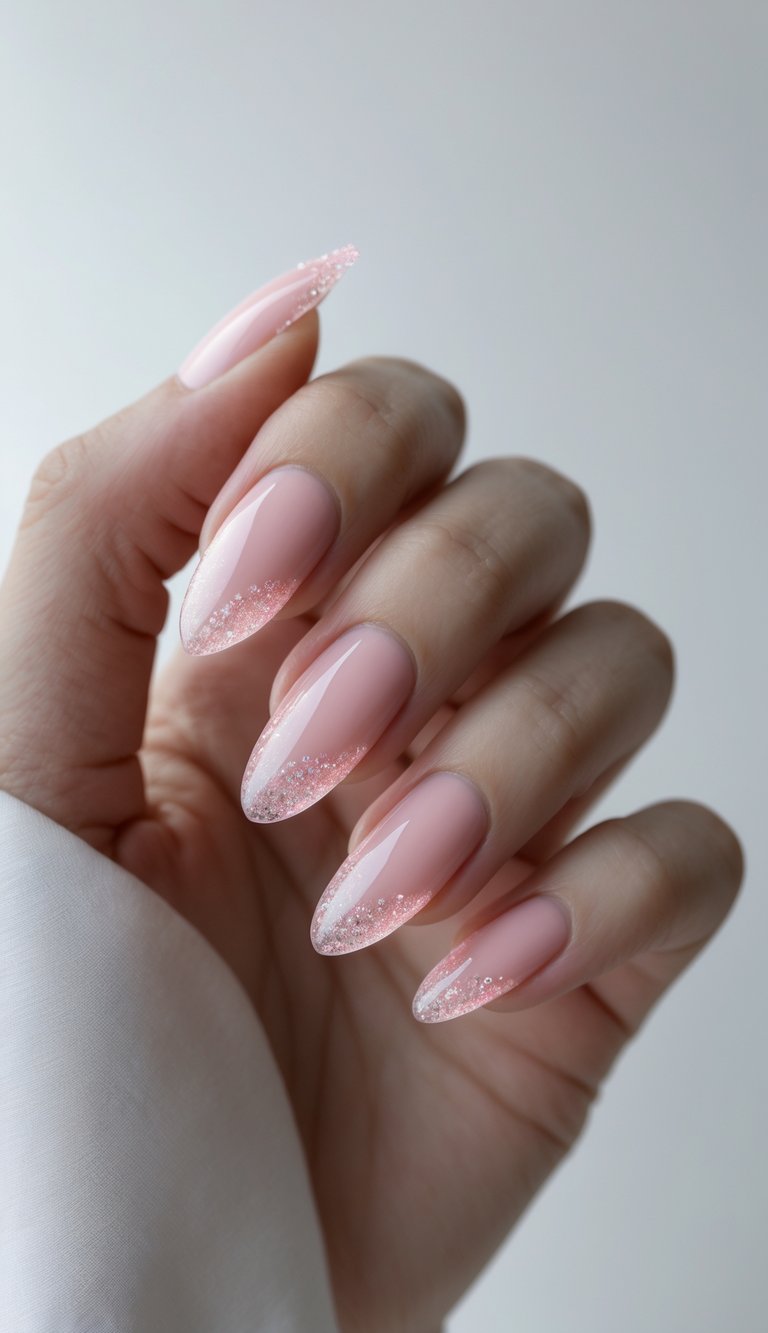 Close-up of one hand showing translucent pink French tip nails with fine glitter accents against a white background.