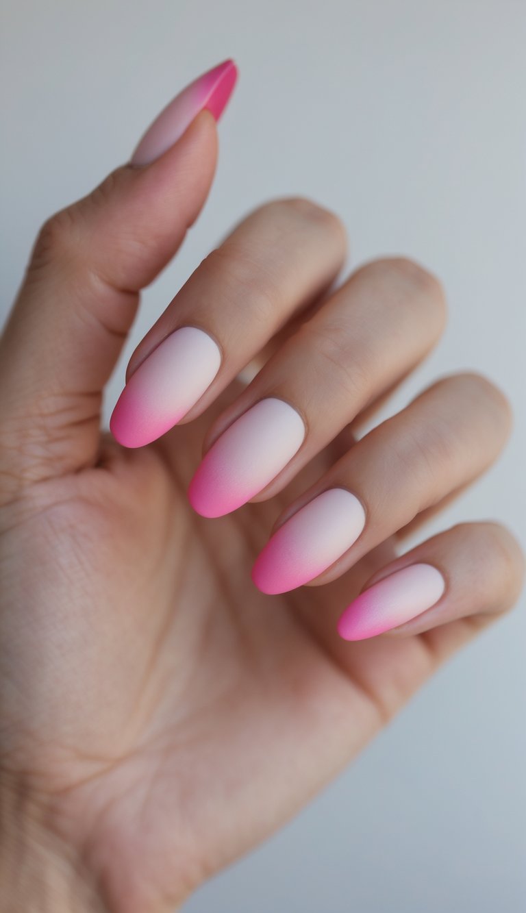 Close-up of one hand with pink ombré French tip nails against a white background.