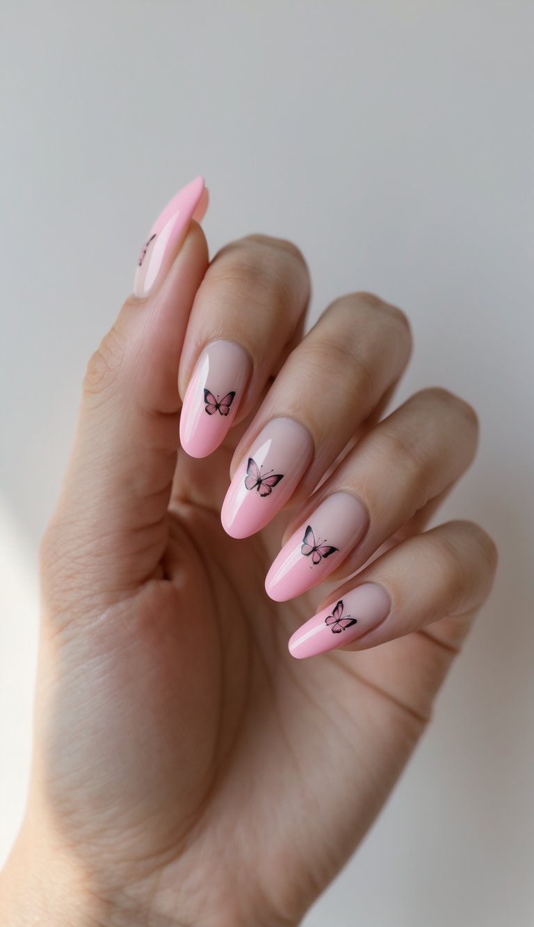 Close-up of one hand with pink French tip nails decorated with small butterfly decals against a white background.