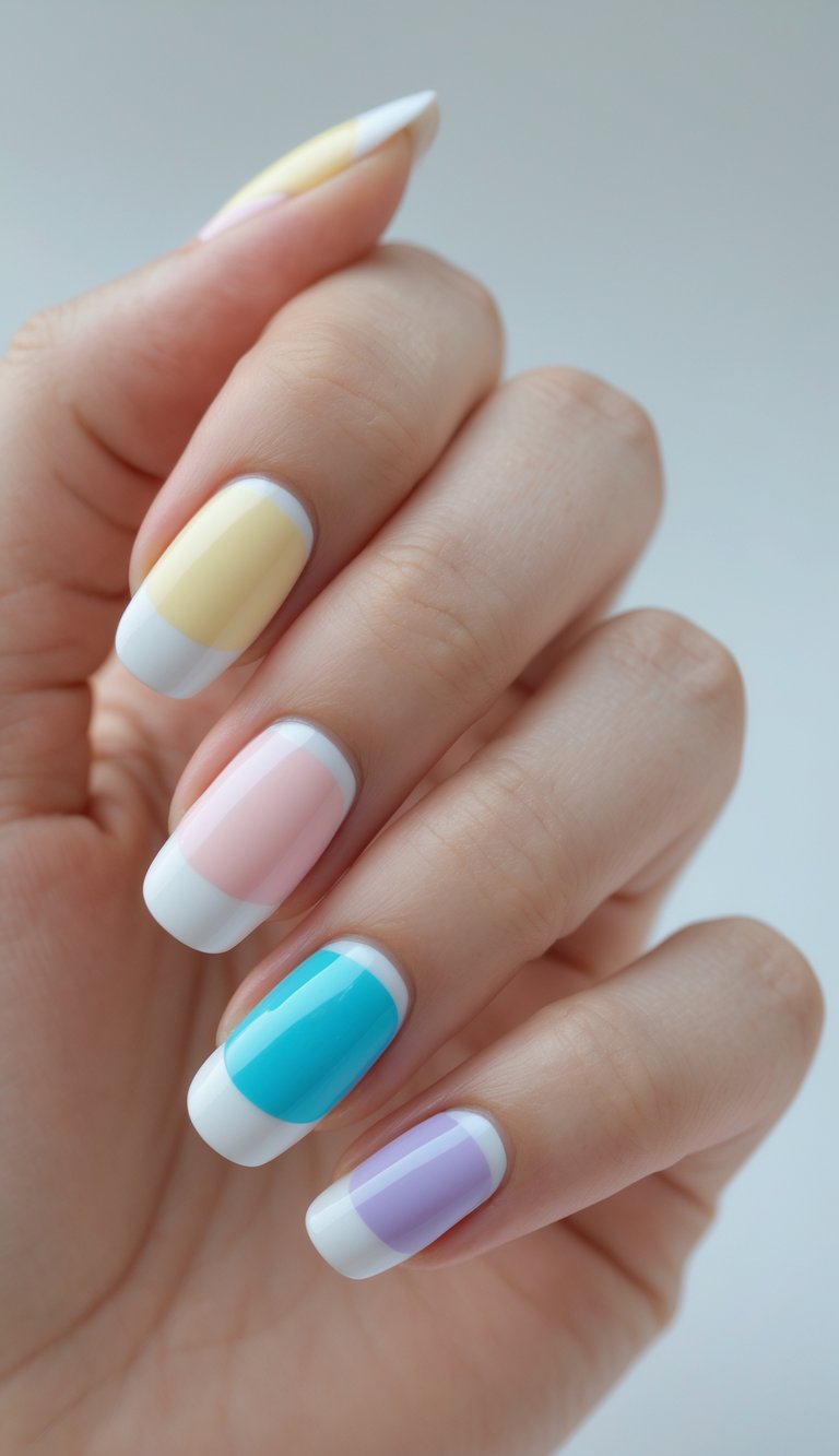 Pastel manicure with yellow, pink, blue, and lavender nail colors paired with white French tips, glossy finish, clean color blocking, and a playful colored French nail art idea design.