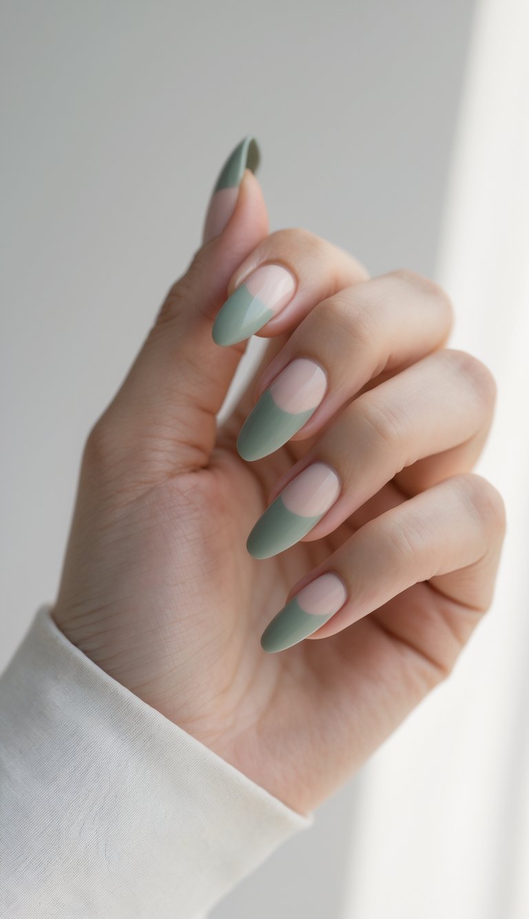 Close detail of nude manicure accented with muted green French tips, clean separation, glossy texture, and a modern colored French nail art idea look.