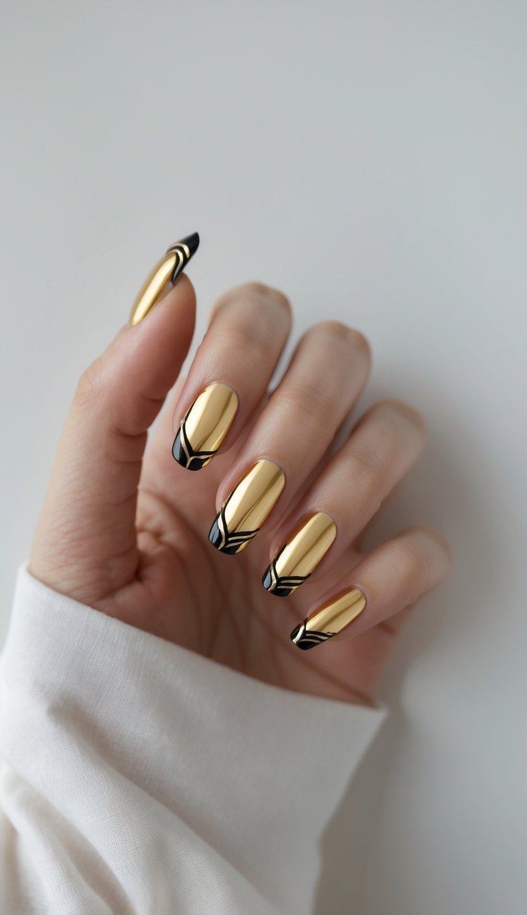 Gold chrome nails with glossy black French tips and curved accent lines, reflective metallic finish, crisp detailing, and a high-contrast colored French nail art idea design.
