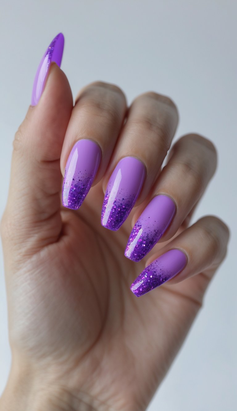 Lavender nails transitioning into deep purple glitter French tips, glossy finish, smooth ombré blending, and a bold colored French nail art idea design.