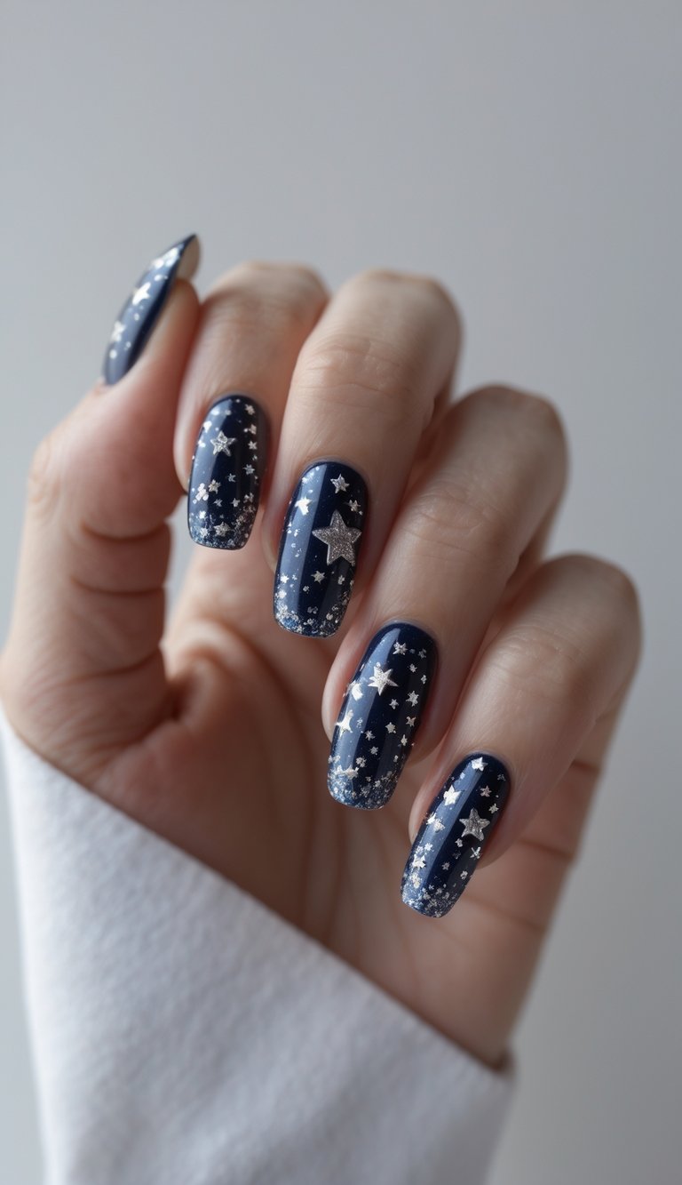 Close-up of one hand with midnight blue nails decorated with silver stars on a white background.
