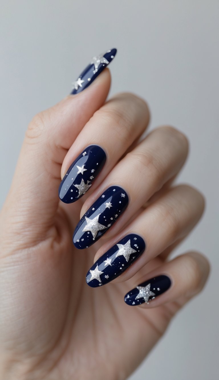 Close-up of a single hand with midnight blue nails decorated with silver stars on a white background.