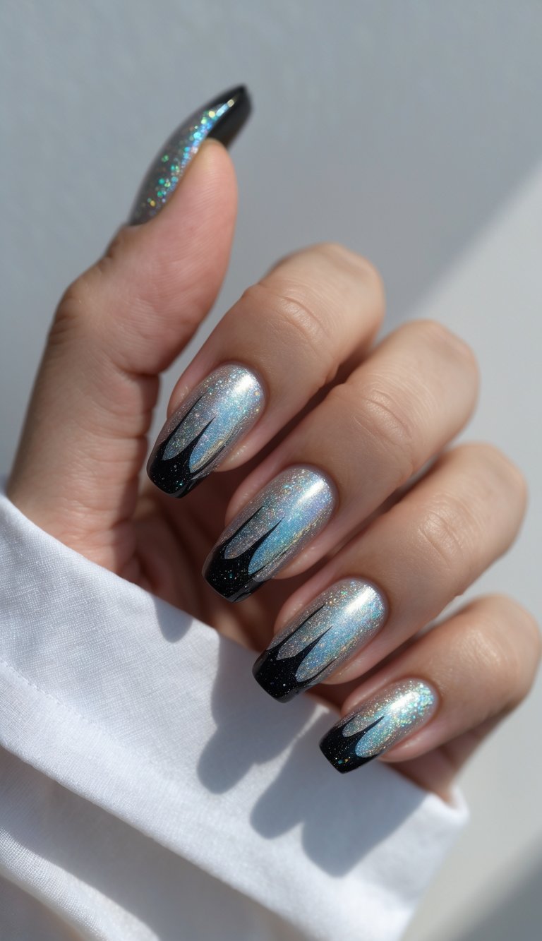 Close-up of one hand with holographic silver and black detailed nail art against a white background.