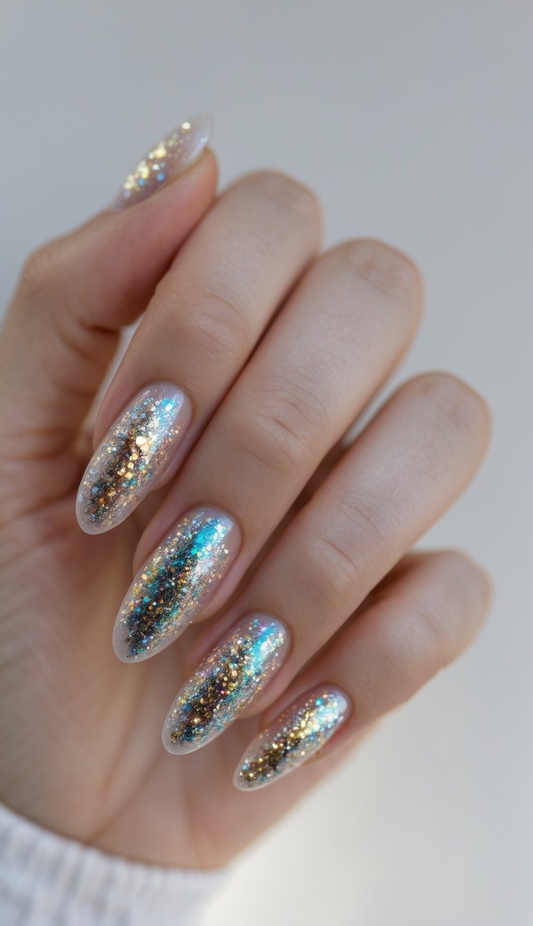 Close-up of one hand with clear-based nails decorated with multi-color glitter, shown against a white background.