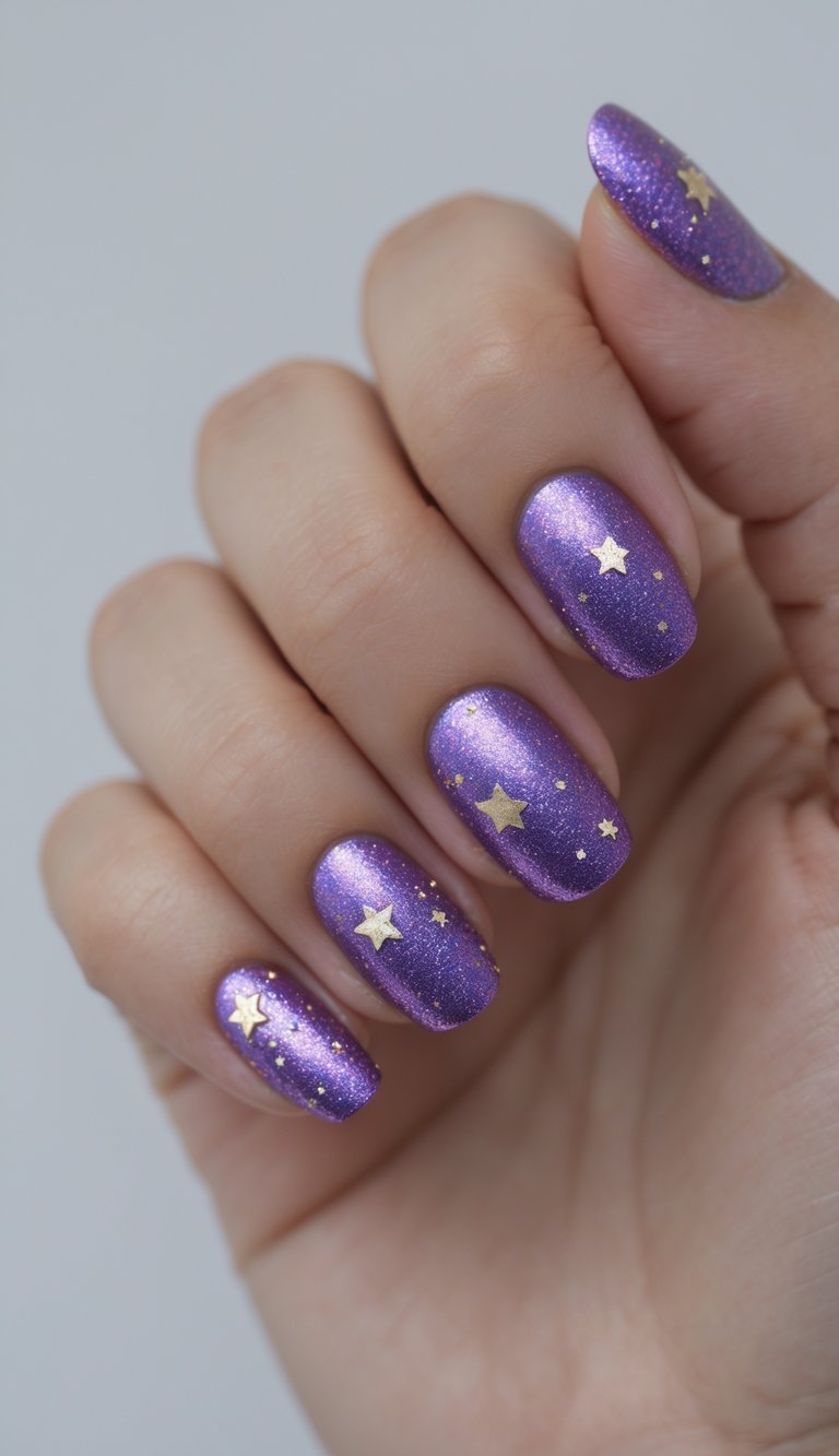 Close-up of a single hand with purple glittery nails decorated with small star designs against a white background.