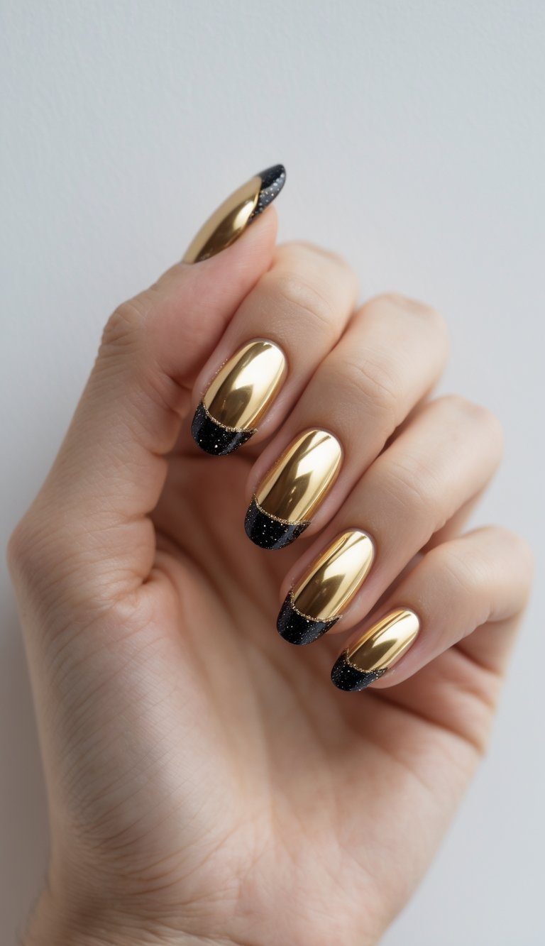 Close-up of a single hand with gold and black glitter nail art on a white background.