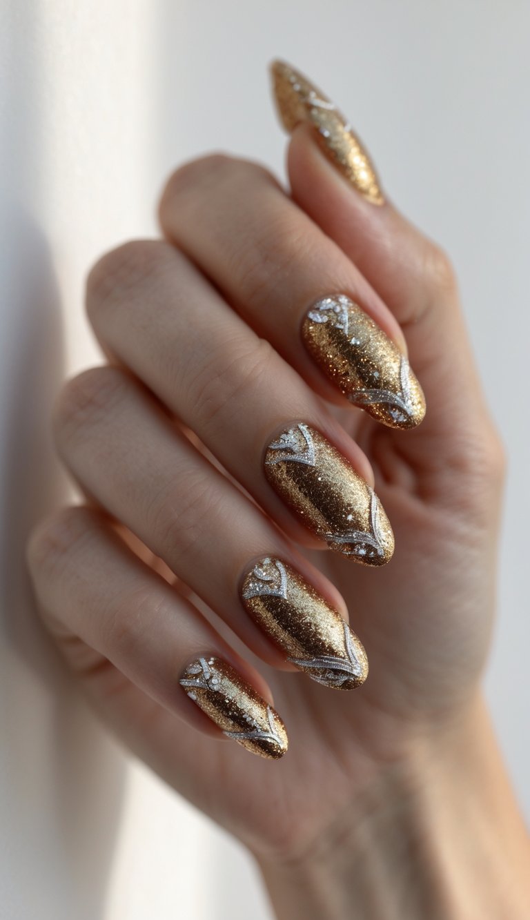 Close-up of a single hand with bronze nails decorated with gold glitter and silver accents against a white background.