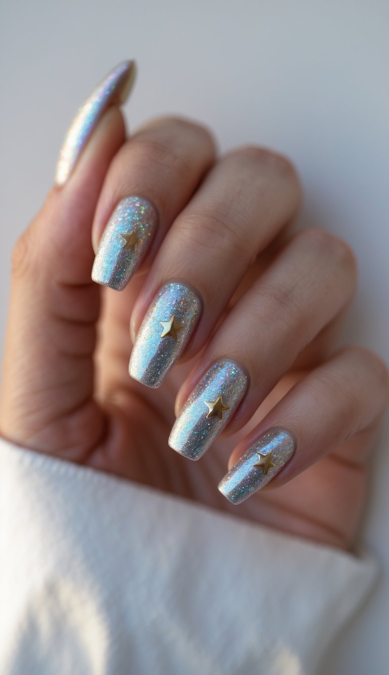 Close-up of one hand with silver holographic nails and star accents against a white background.
