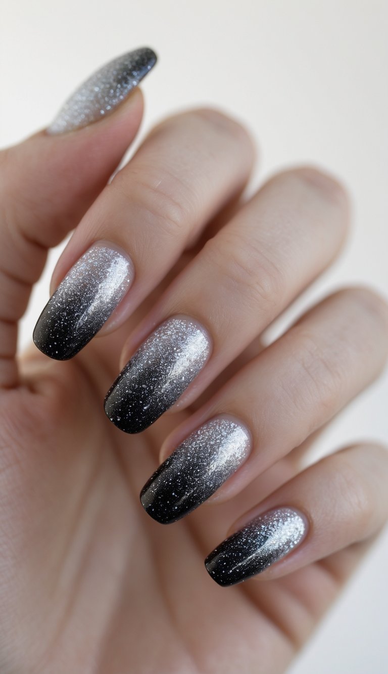 Close-up of a single hand with nails painted in a glittery ombre from silver to black against a white background.