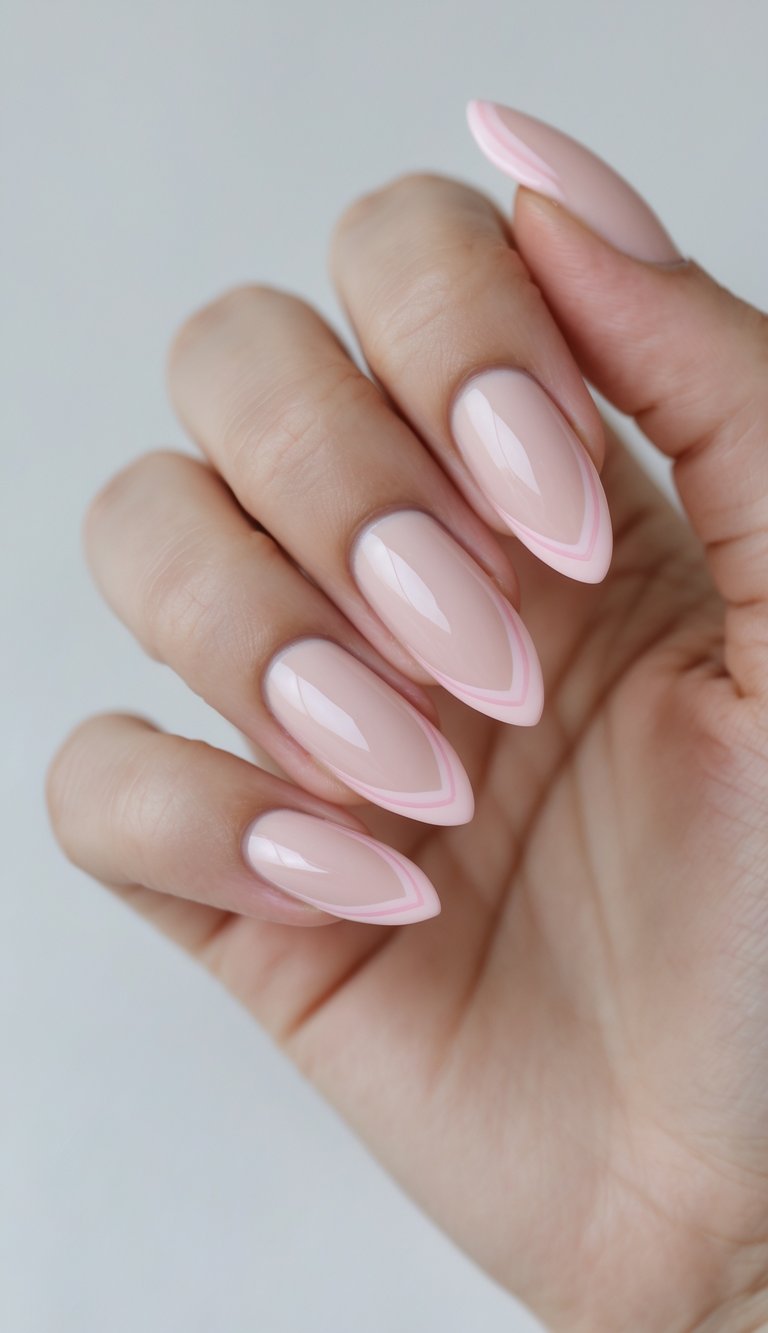 Close-up of one hand with light pink almond-shaped French tip nails against a white background.