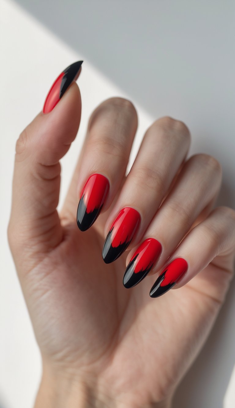 Close-up of one hand with red nails and black French tips against a white background.