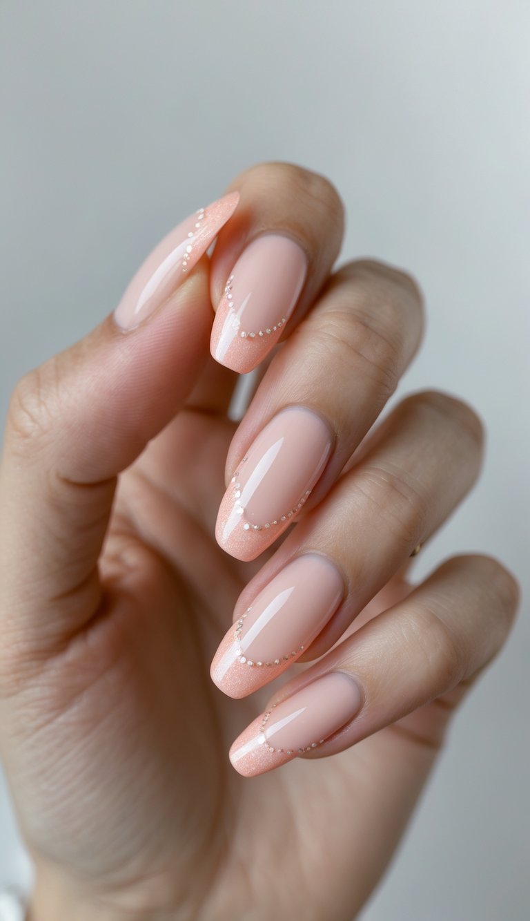 Close-up of one hand with peachy pink French tip nails against a white background.