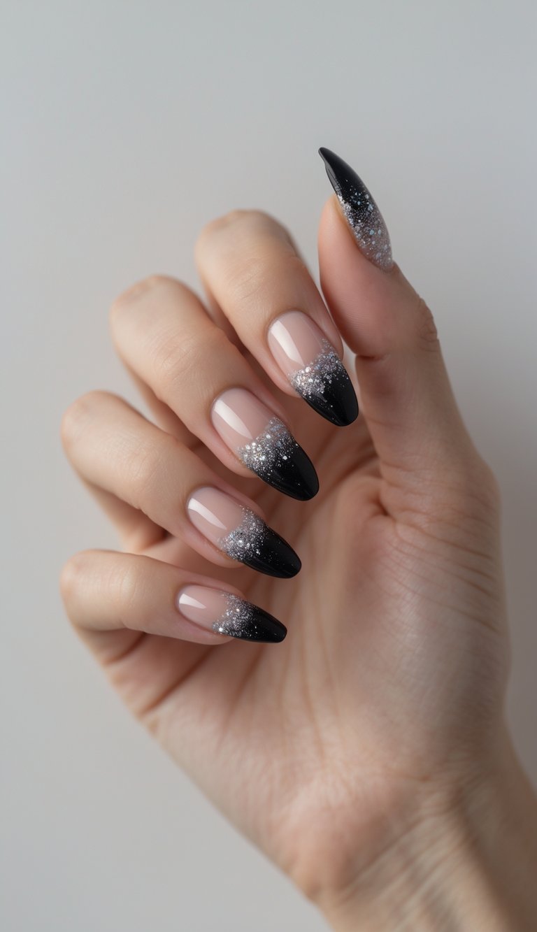 Close-up of one hand with black French tip nails featuring glitter ombre on a white background.