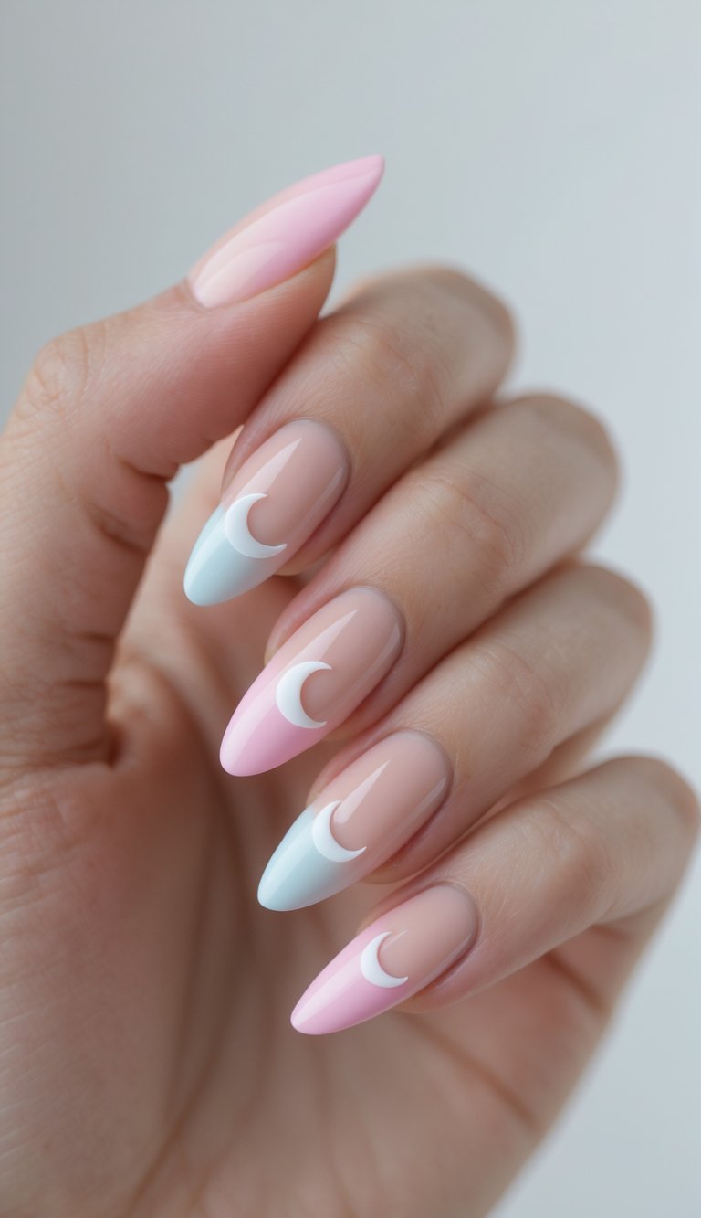 Close-up of one hand showing nails with pink French tips and crescent moon designs on a white background.