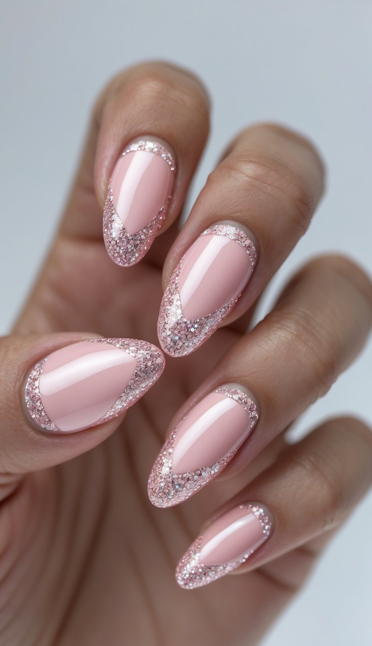 Close-up of one hand showing manicured nails with shiny pink tips and glitter on a white background.
