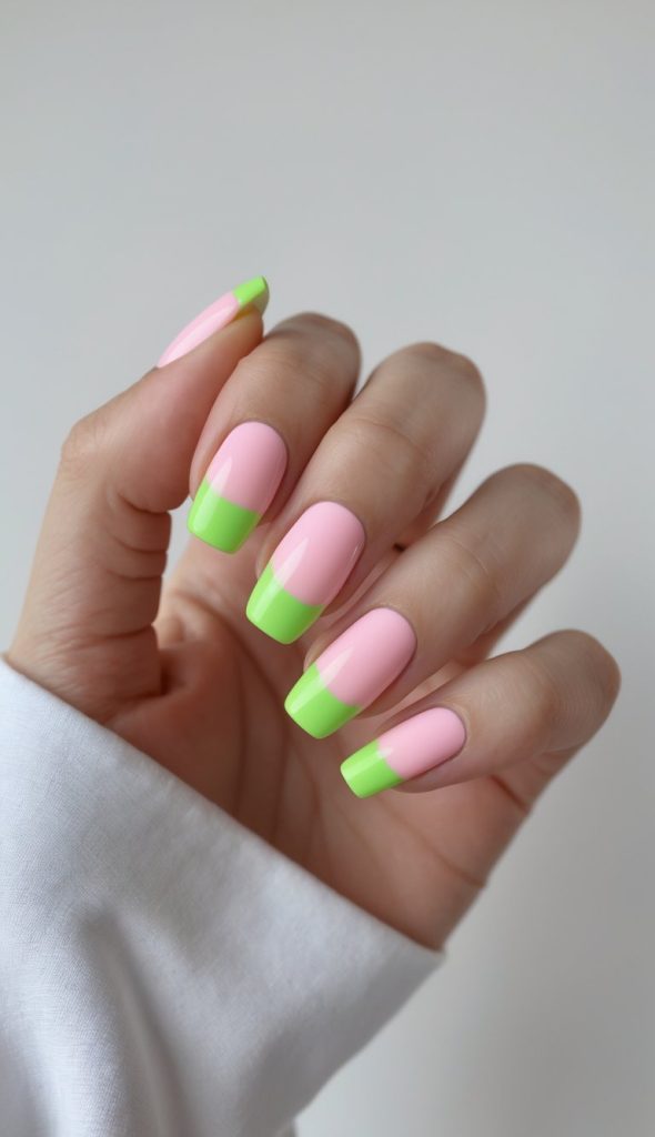 Angled photo of a hand showcasing colored French nail art idea with blush pink manicure, vivid lime green French tips, glossy texture, and minimal background.