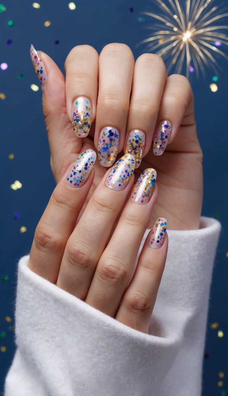 Colorful confetti and glittering fireworks against a midnight blue background