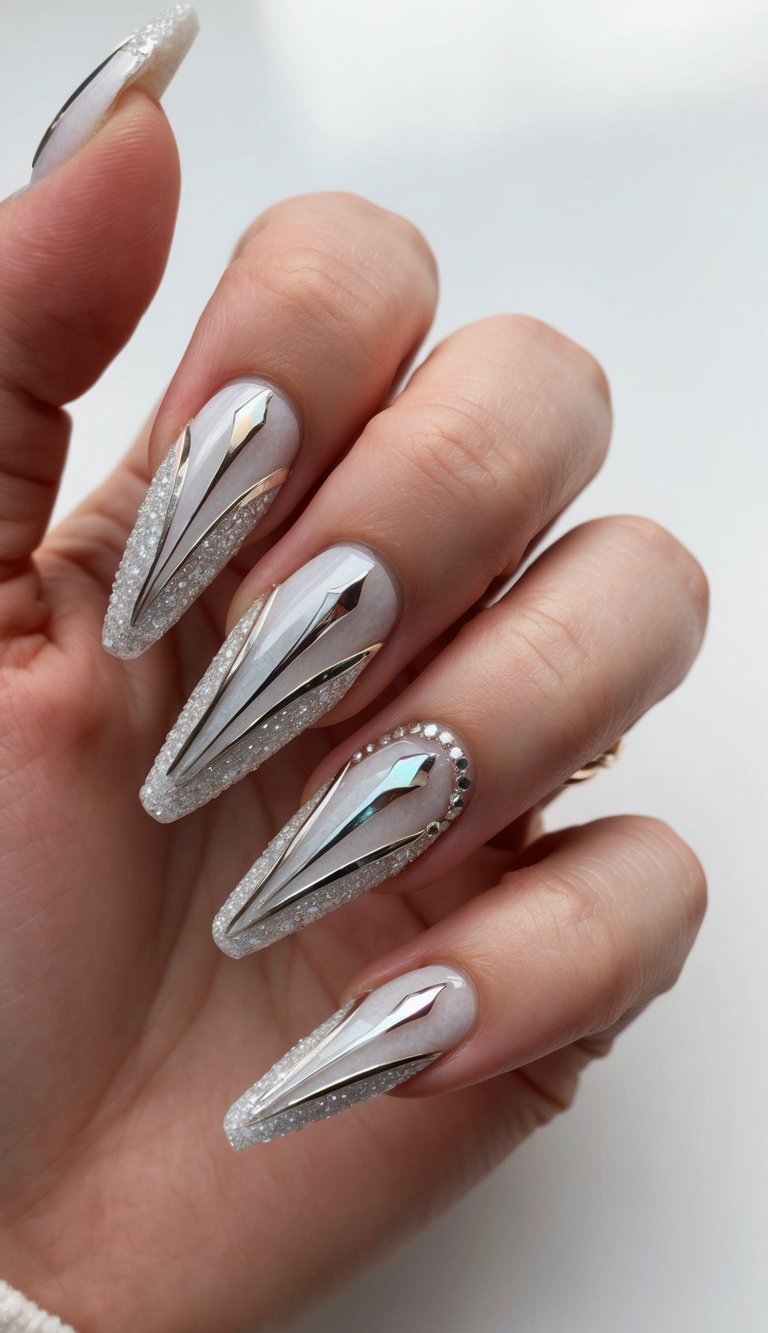 Sparkling icicle-inspired nail art design with shimmering edges and intricate details