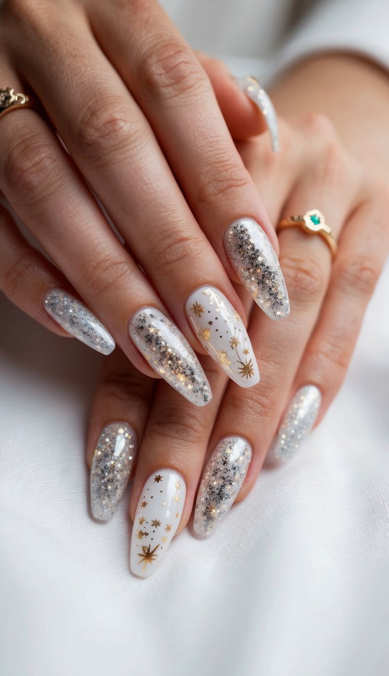Shimmering nails adorned with festive New Year's designs sparkle under soft lighting