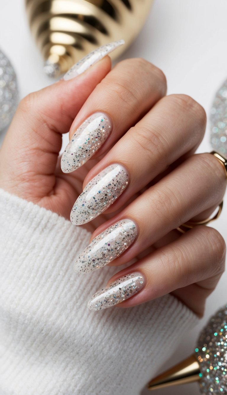 Shimmering diamond dust nails in a festive New Year's setting