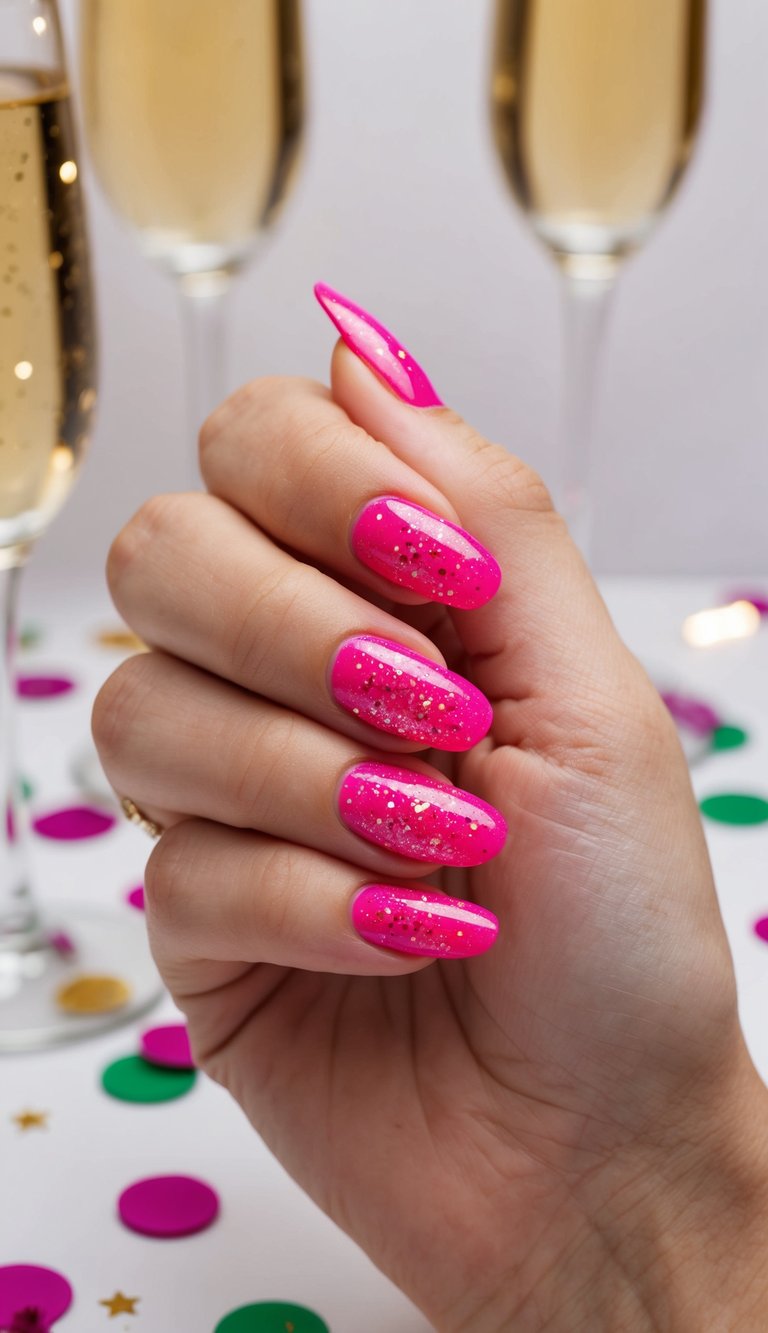 A close-up of vibrant electric pink nails with glitter and sparkles, set against a festive background of confetti and champagne glasses