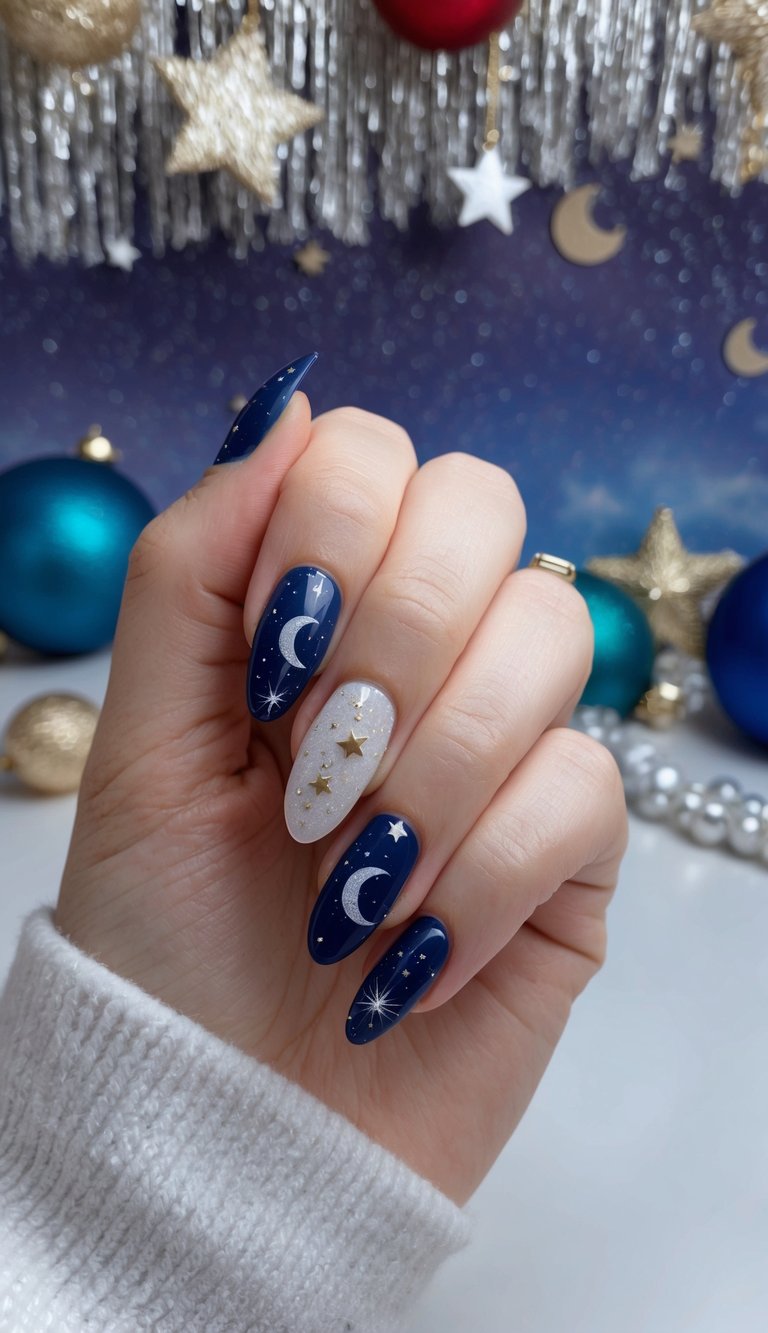 A night sky filled with sparkling stars and crescent moons, set against a backdrop of shimmering colors and festive decorations
