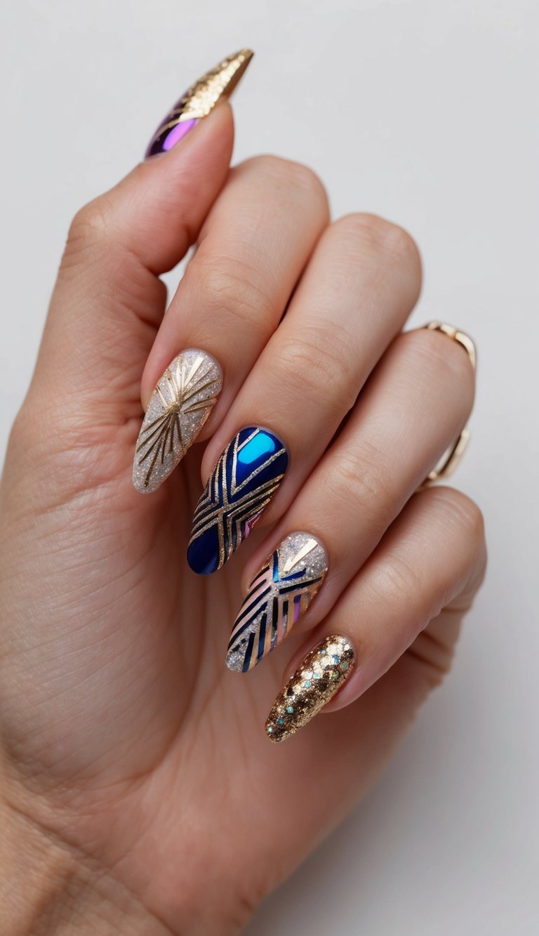 A glittering array of Art Deco-inspired nail designs in vibrant colors and geometric patterns, perfect for a New Year's Eve celebration