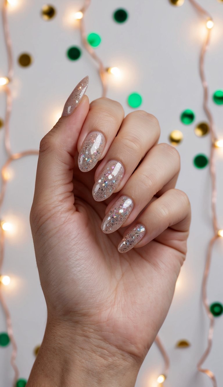A close-up of glittery nails against a festive backdrop of twinkling lights and confetti