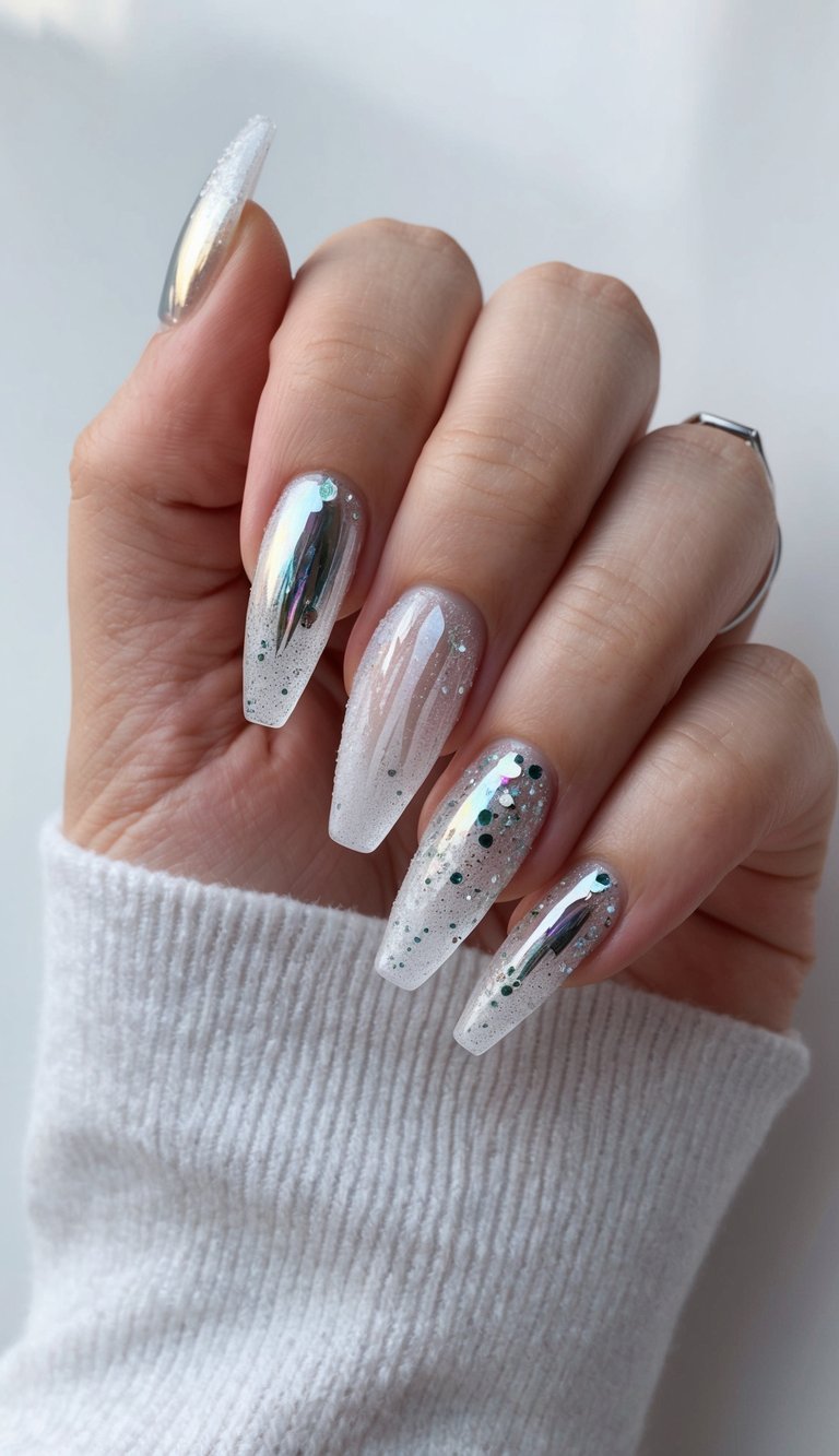 Frosted icicle tips adorn festive nails, shimmering with sparkles and chrome for New Year's Eve