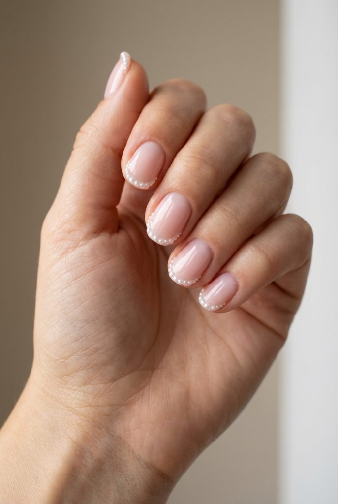 Manicure close-up featuring a pearl nail art idea with neatly arched rows of tiny pearls outlining the tips of natural pink nails, styled against warm ambient lighting.