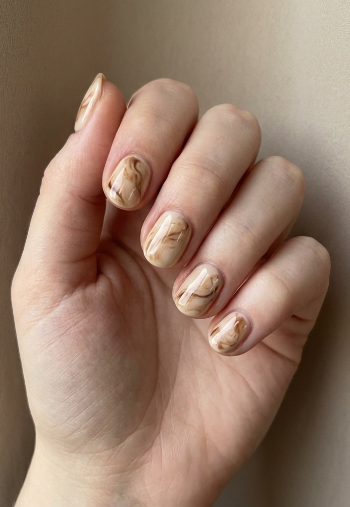 Short nail art idea with beige and brown marble swirl design on natural short nails, creating an earthy and elegant neutral look.