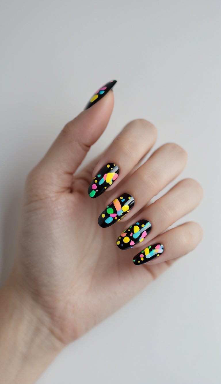Black nails with neon dots and quirky shapes channeling the fun, graphic patterns of the '80s