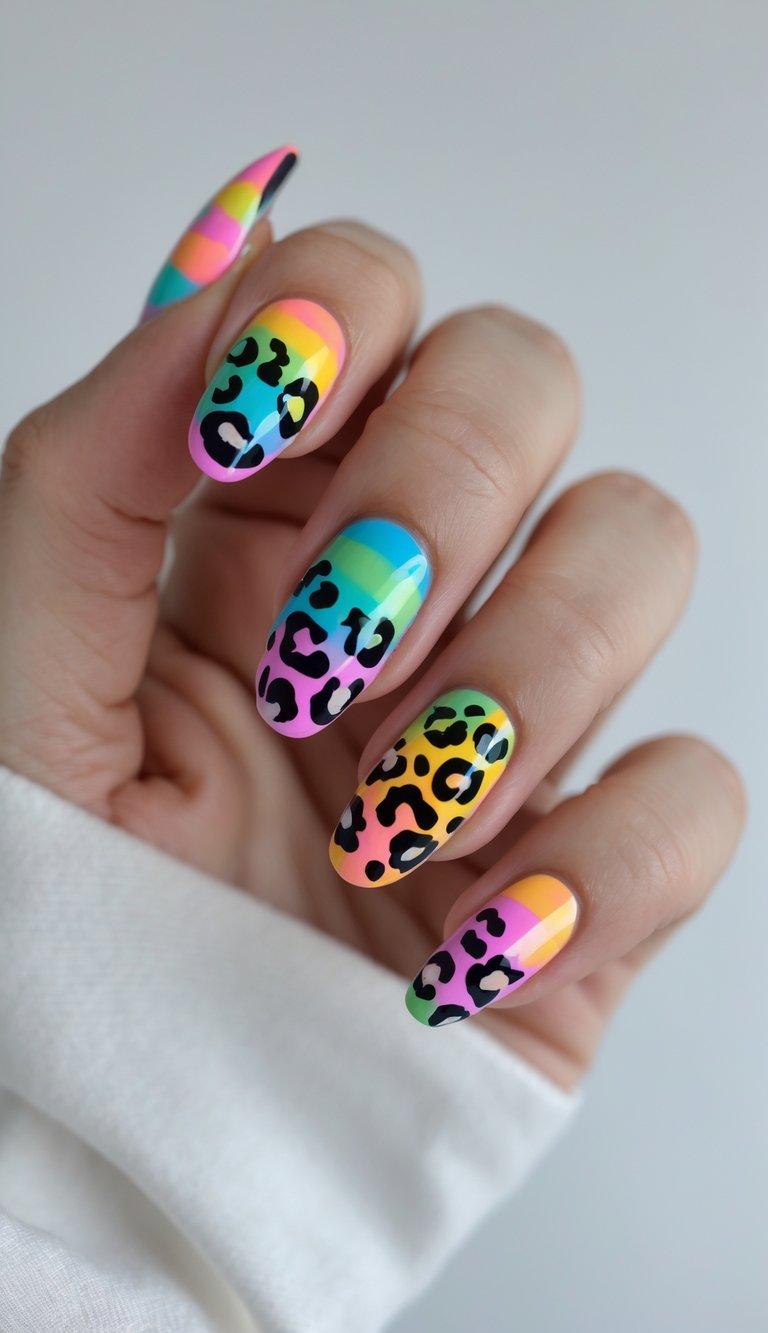 Rainbow nails covered in black leopard spots serving as a tribute to '80s maximalism