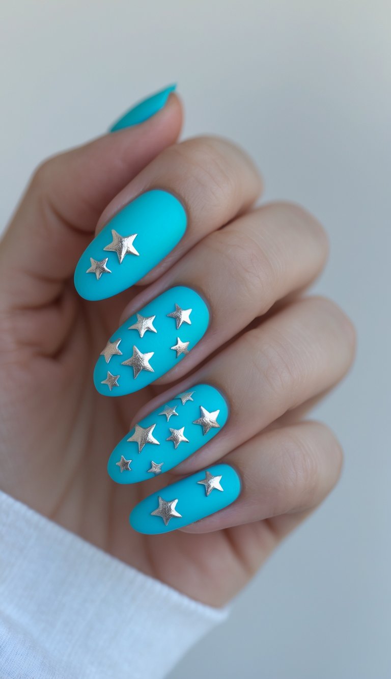 Bright turquoise nails with shiny silver stars with pure '80s glam