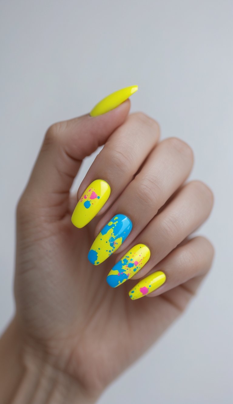 Yellow and blue nails with a splatter design, offering the DIY creativity that made the '80s legendary
