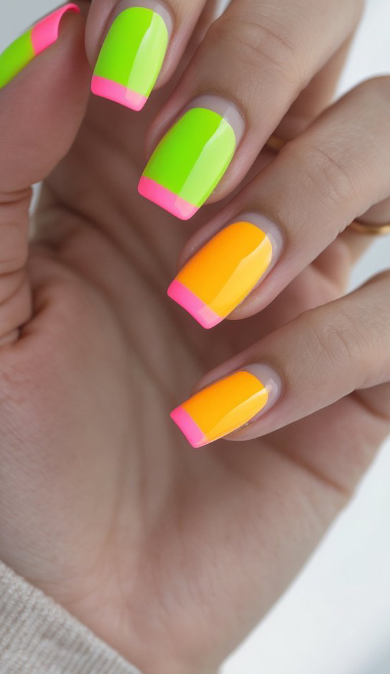 Neon green and orange nails with hot pink French tips