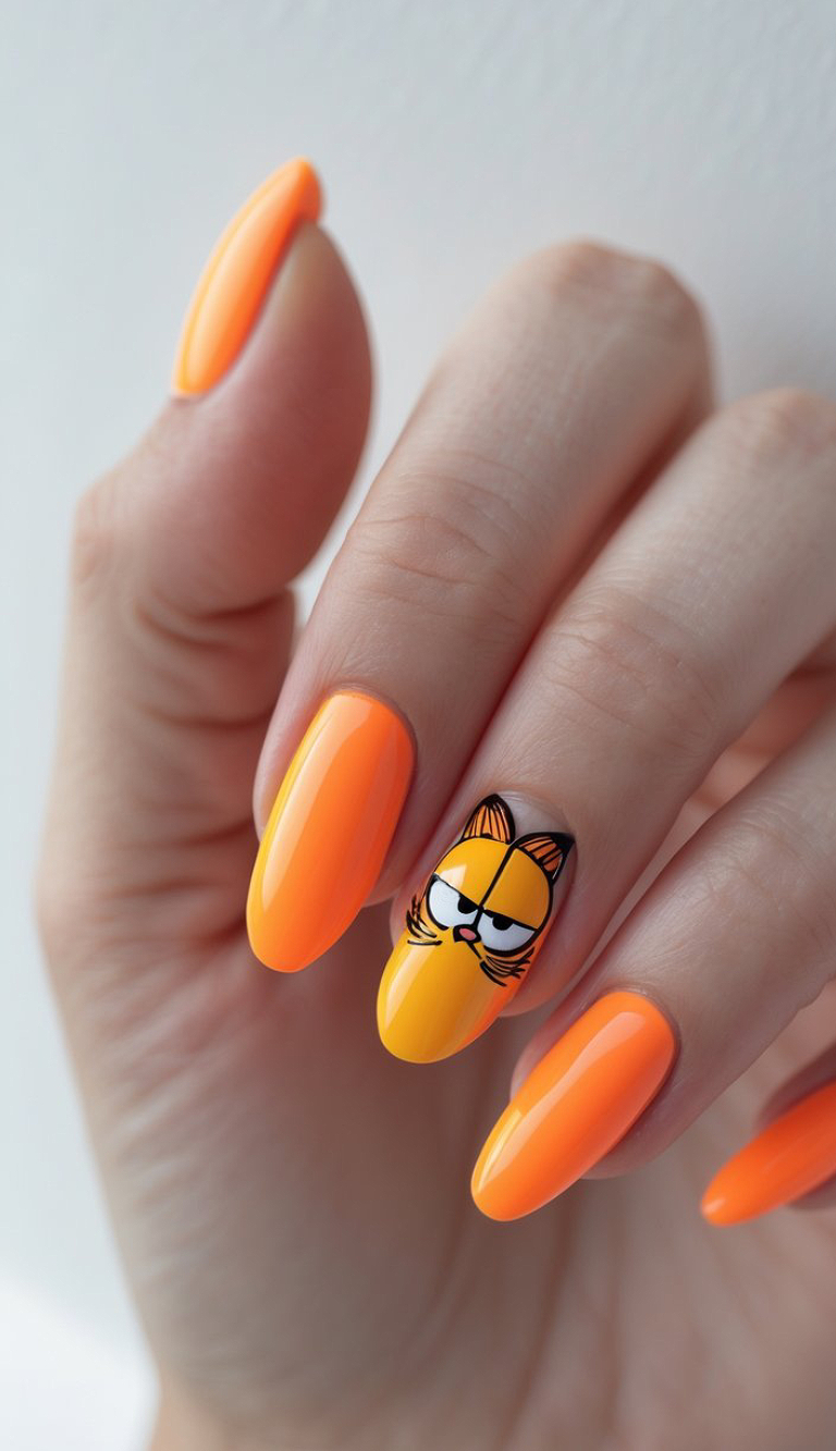 Solid orange nails with a Garfield art accent nail