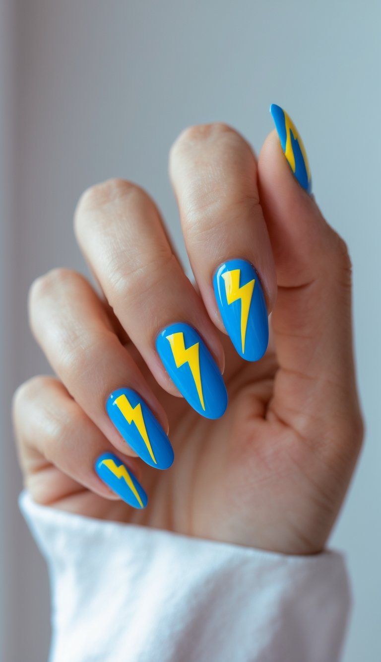 Bright blue nails with jagged yellow lightning bolts