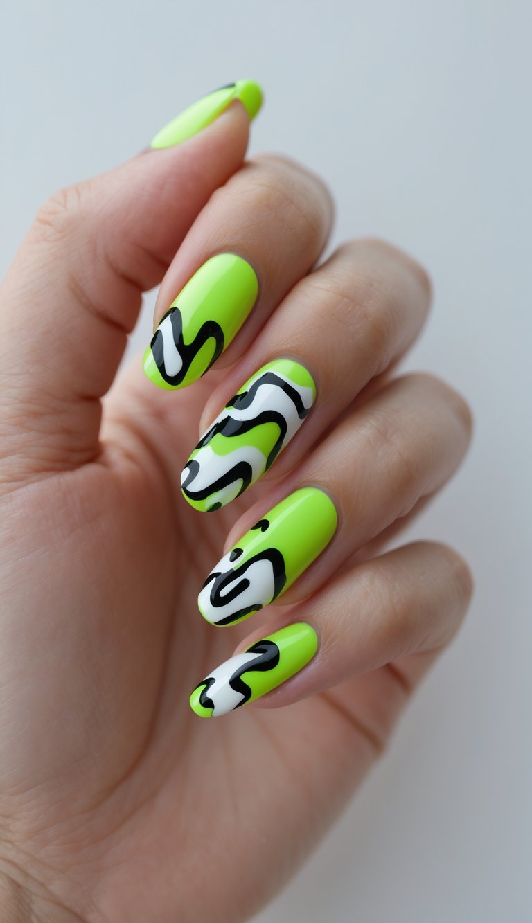 Bold lime green nails with wavy black-and-white lines
