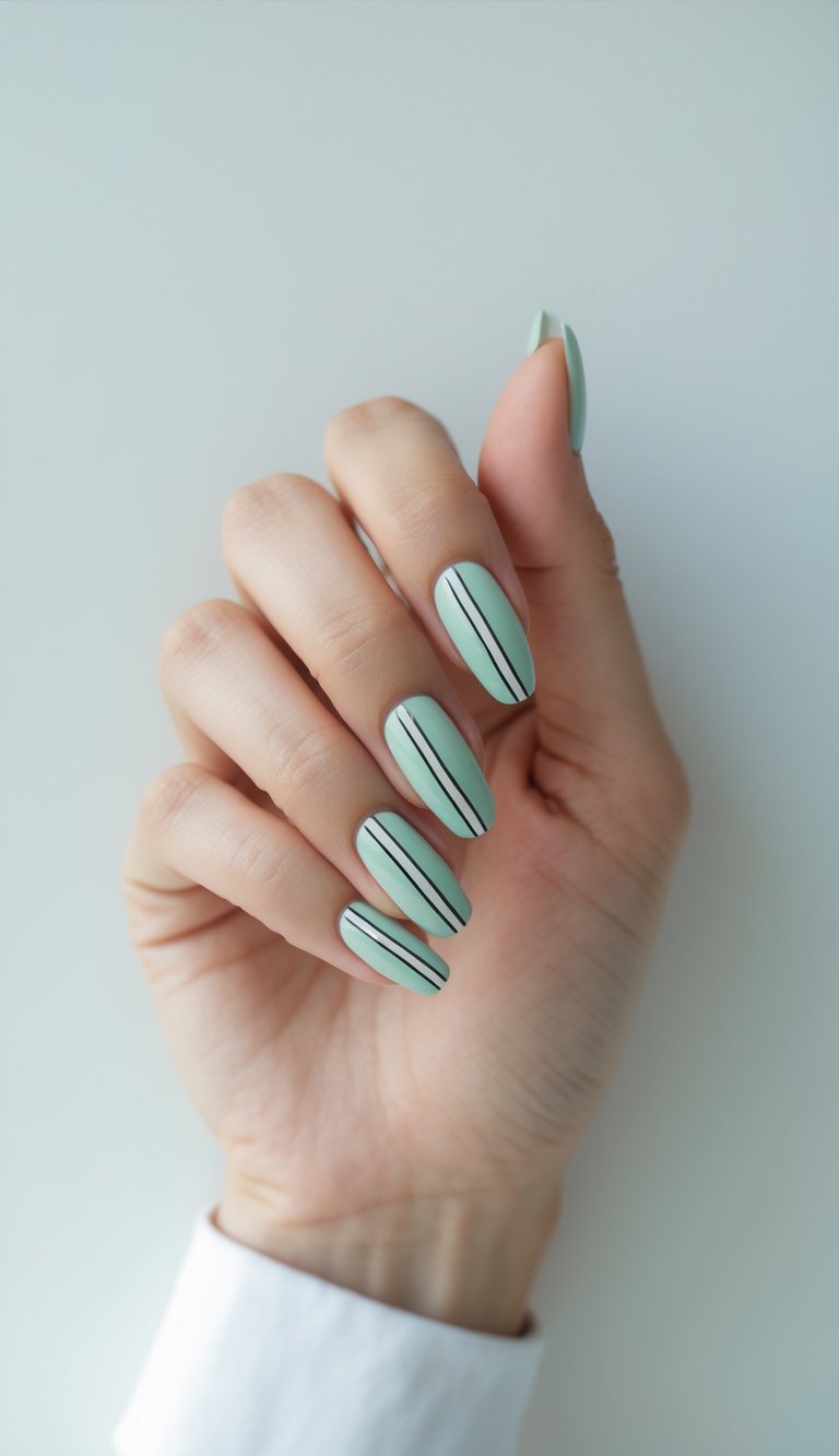 Refreshing mint green nails with sleek black and white vertical stripes have a chic, professional aesthetic