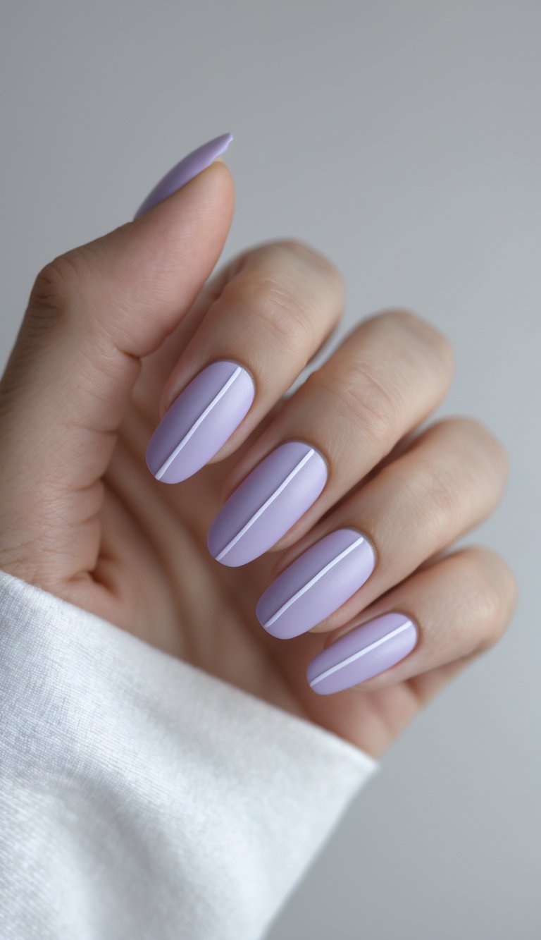 Matte lilac nails with a single white pinstripe down the center