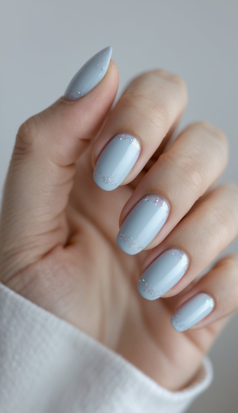 Pale blue nails finished with a sprinkle of delicate silver glitter