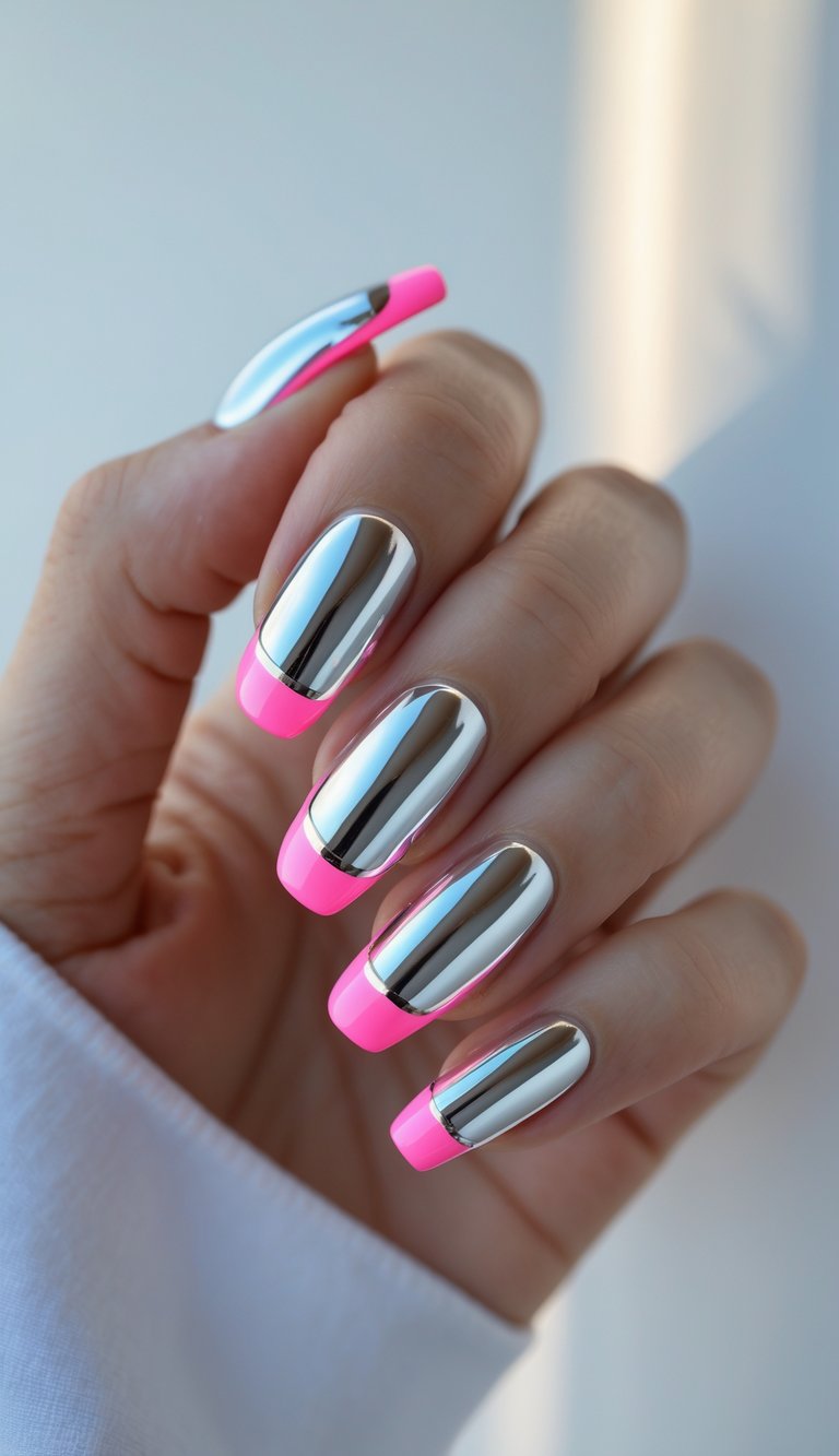 Silver chrome nails and neon pink French tips for a showstopping look that’s both playful and edgy