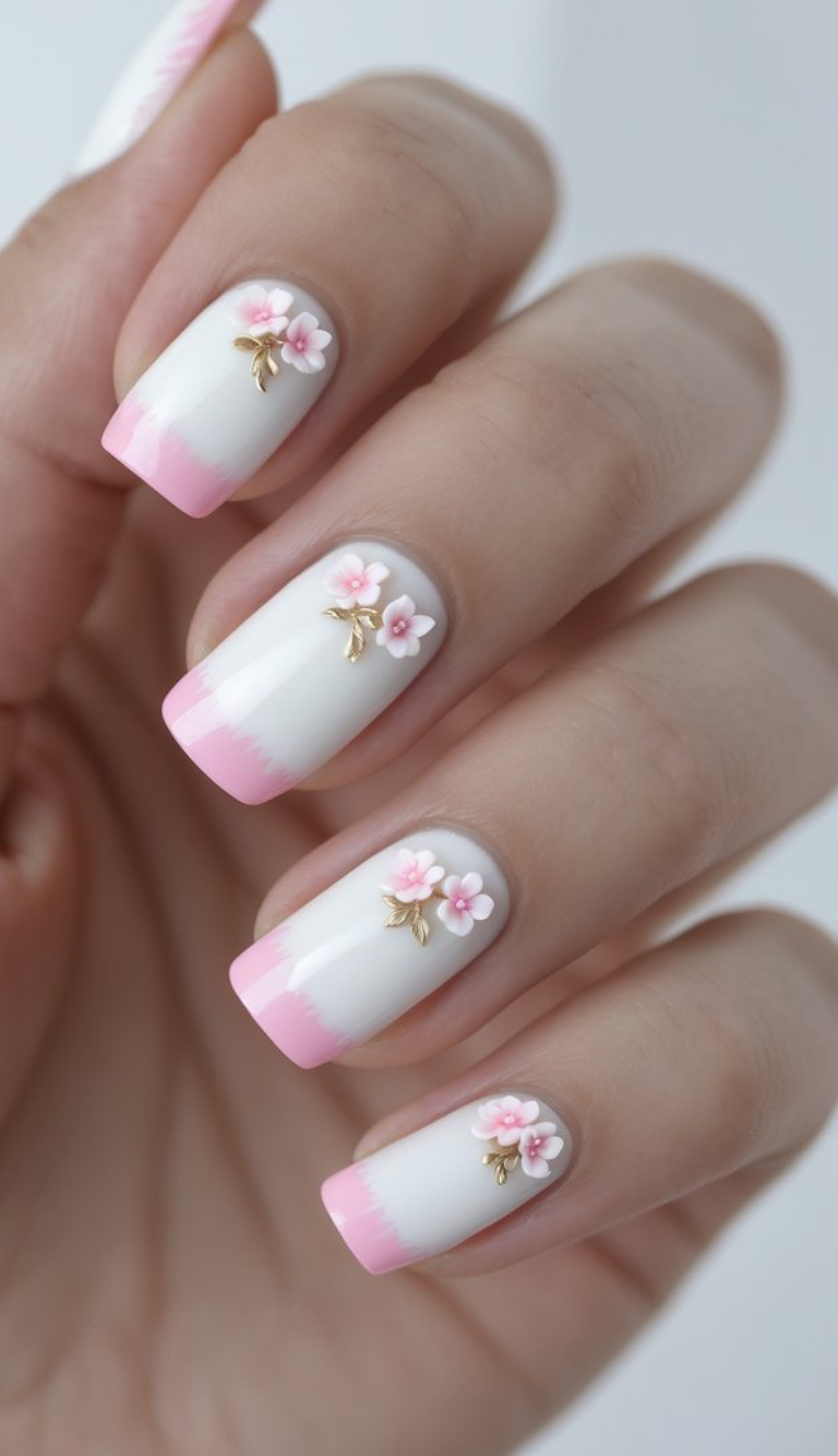 White nails with pastel pink French tips and dainty 3D floral accents